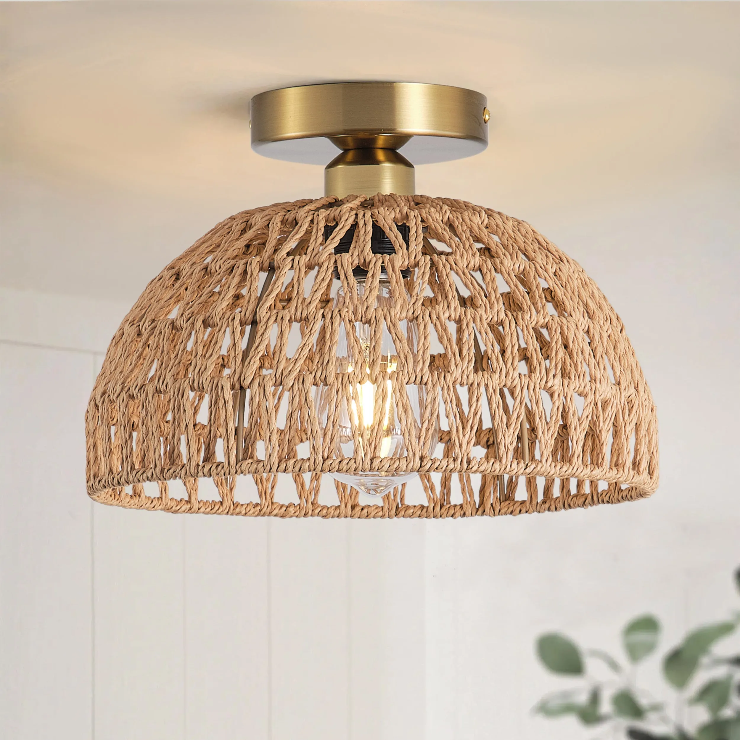 1-Light Paper String Open Hemispherical Shade Semi-Flush Mount Lighting