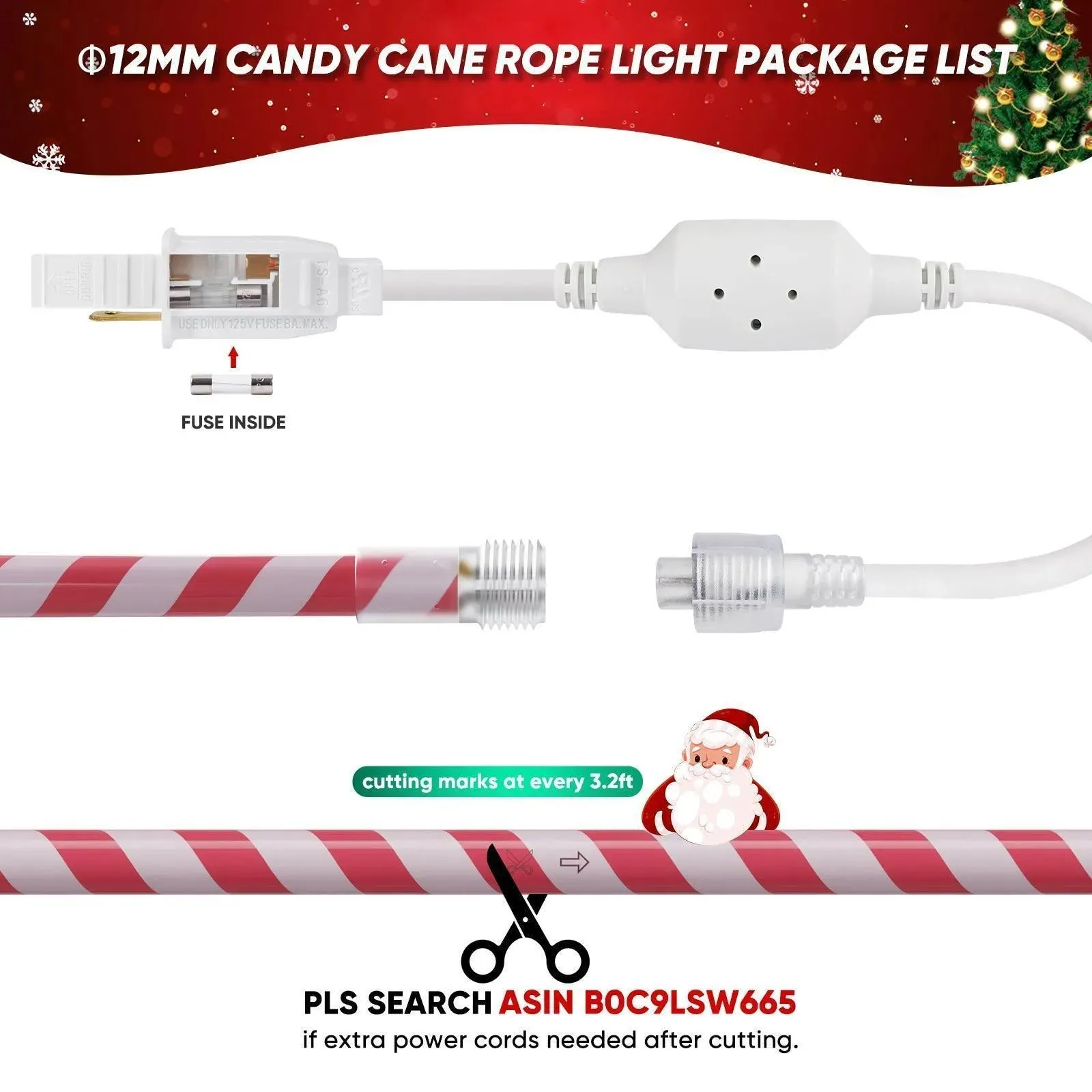 110V Candy Cane Rope Light 11000K Cool White For Christmas