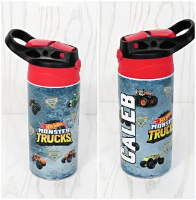 12 oz Stainless Steel Monster Trucks Tumbler - Boys Water Bottle - Flip Top - Insulated Reusable - Straw - Personalized Custom with Handle