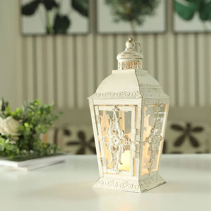 13'' High Decorative Candle lantern (White With Gold Brush)