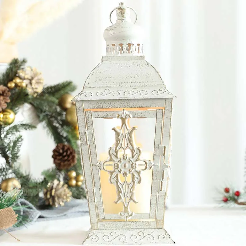 13'' High Decorative Candle lantern (White With Gold Brush)