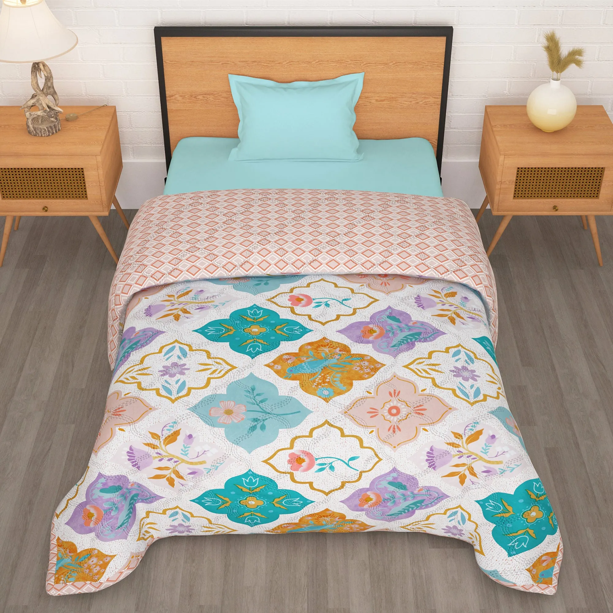 180 GSM Teal Motif Microfiber Fusion Reversible Double / Single Comforter