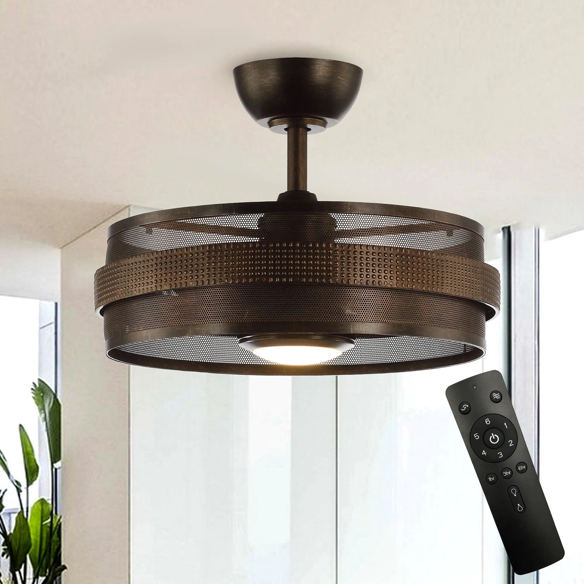 21" Nilgiri Industrial DC Motor Downrod Mount Reversible Ceiling Fan with LED Lighting and Remote Control