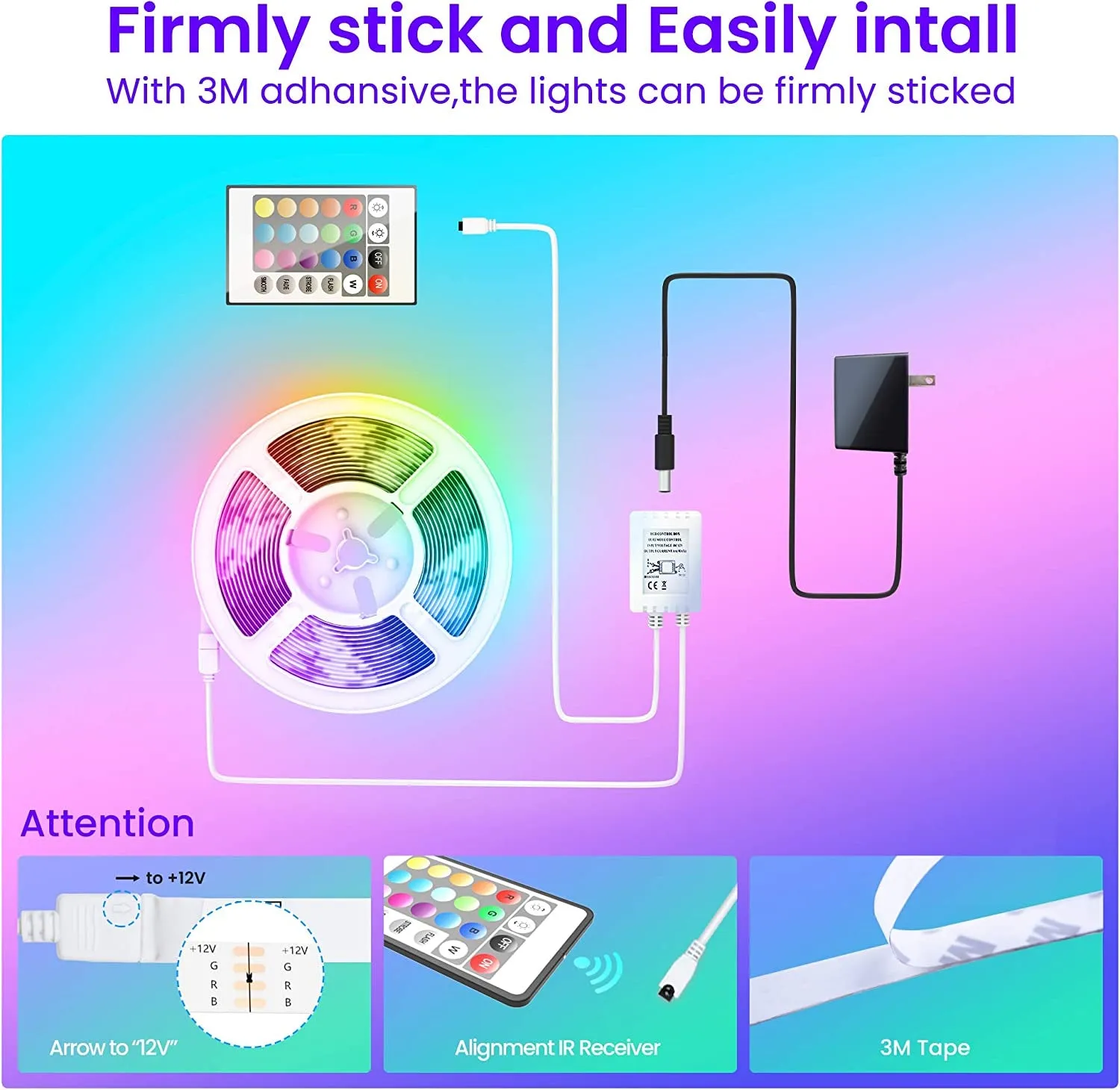 50 FT Long LED Strip Lights,  Bluetooth LED Lights for Bedroom, Color Changing Light Strip with Music Sync, Smart Lights Controlled via Phone APP and IR Remote.