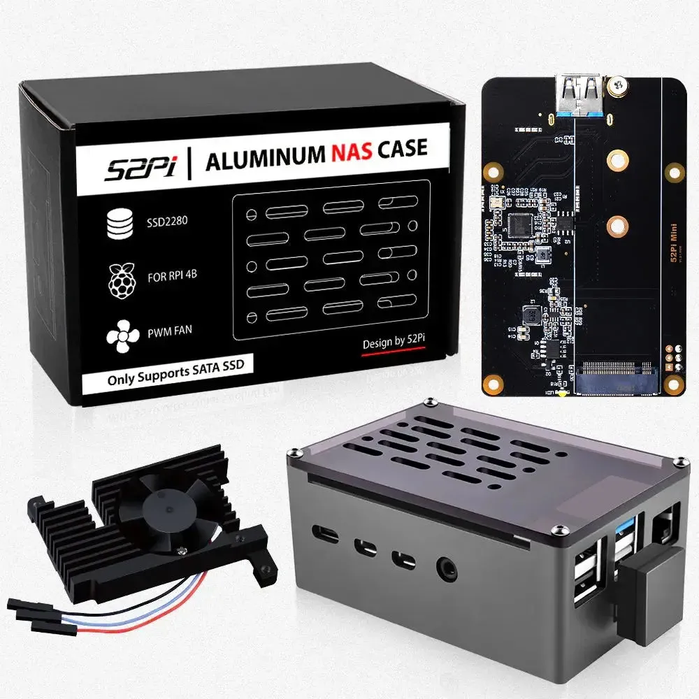 52Pi Aluminum NAS Case w/ Cooling Fan & M.2 SATA SSD for Raspberry Pi 4B