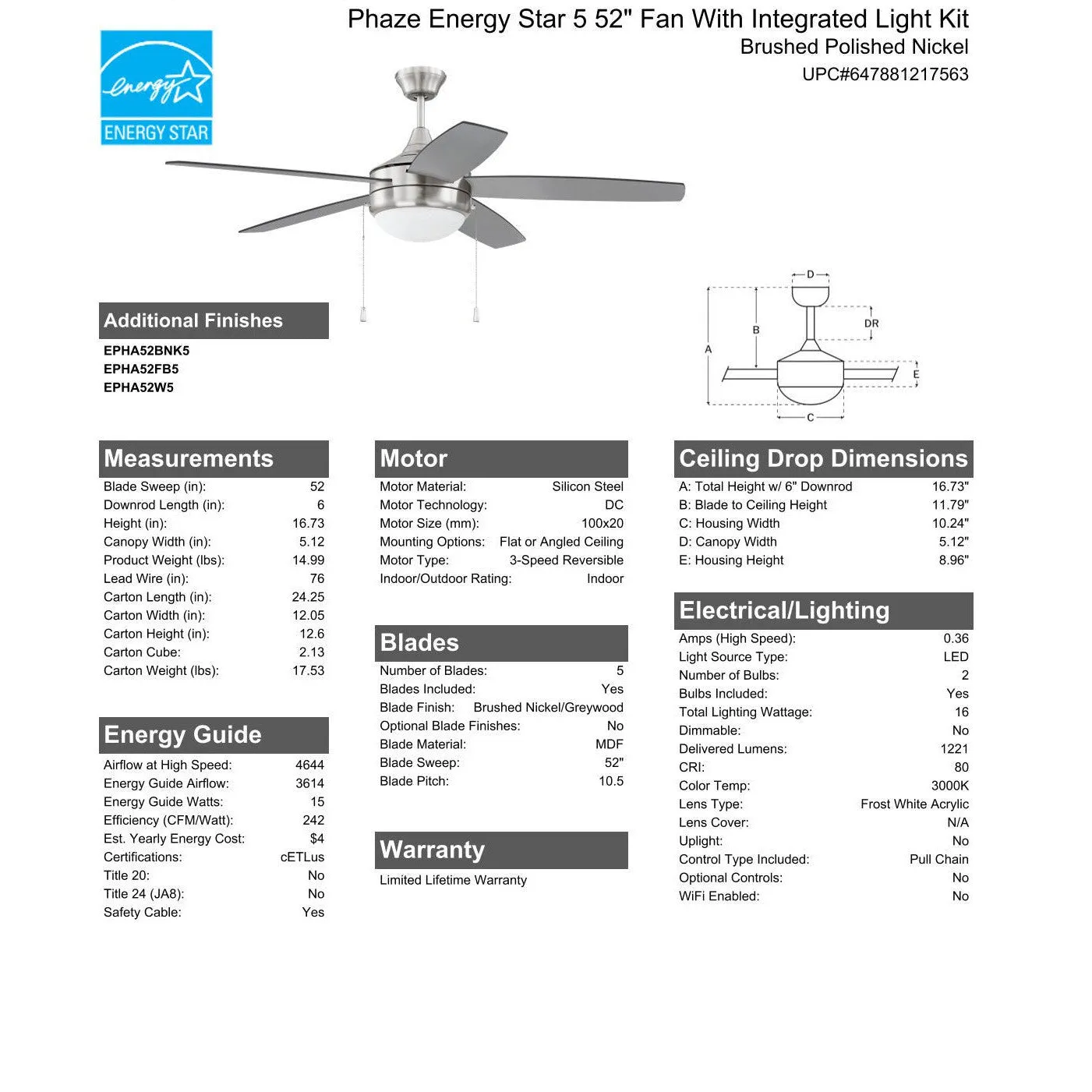 52" Phaze Energy Star 5 in Brushed Polished Nickel w/ Brushed Nickel/Greywood Blades