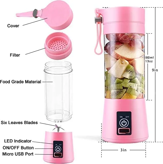 6 Blade Smoothie Maker & Portable Electric USB Juice Maker Juicer Bottle Blender Mixer, Rechargeable Bottle & Portable Fruit Blender Maker Mixer for Home (Small)