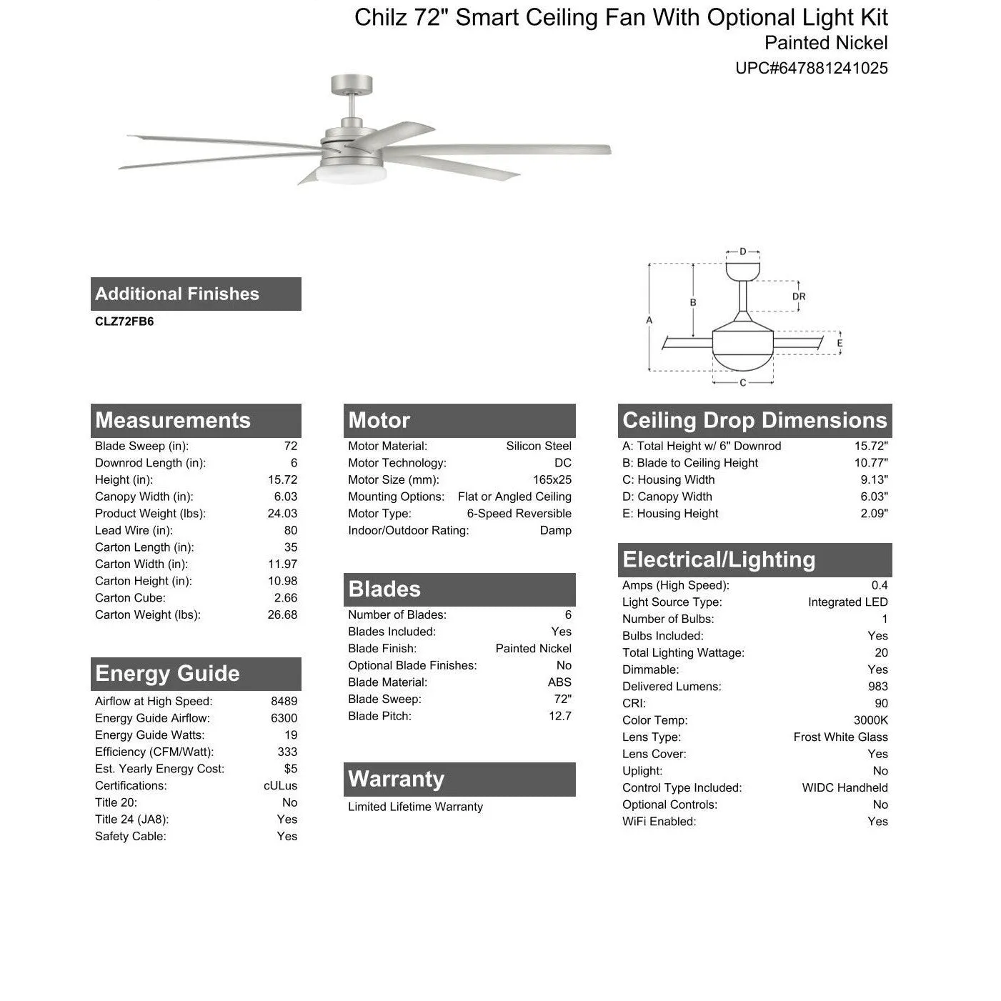 72" Chilz Smart Ceiling Fan, Painted Nickel, Integrated LED Light Kit, Remote & WiFi Control