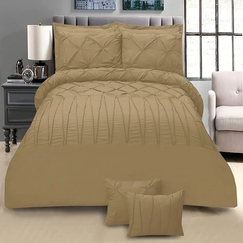 8 PC's Pintuck & Cross Pleated Duvet Set-Beige