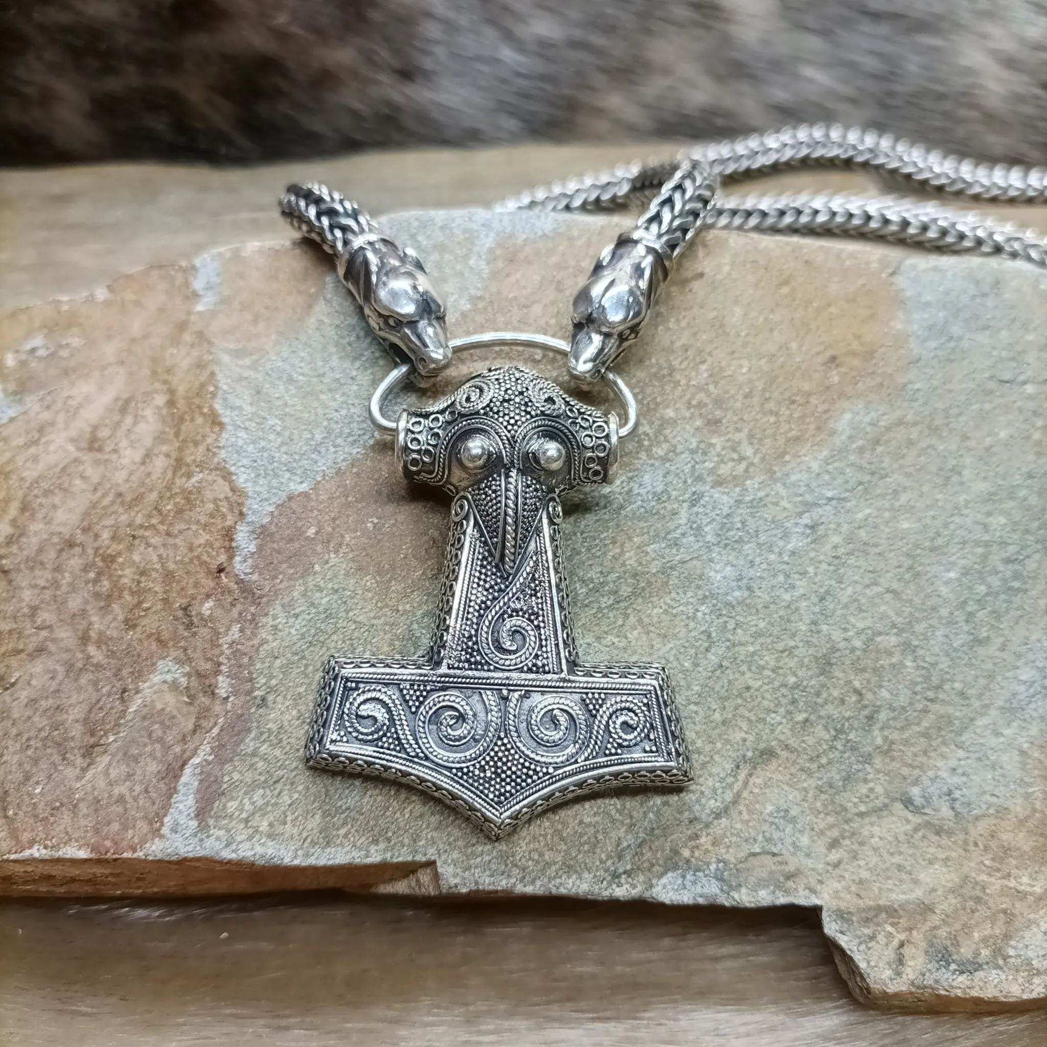 8mm Thick Silver Snake Chain Thors Hammer Necklace - Ferocious Wolf Heads