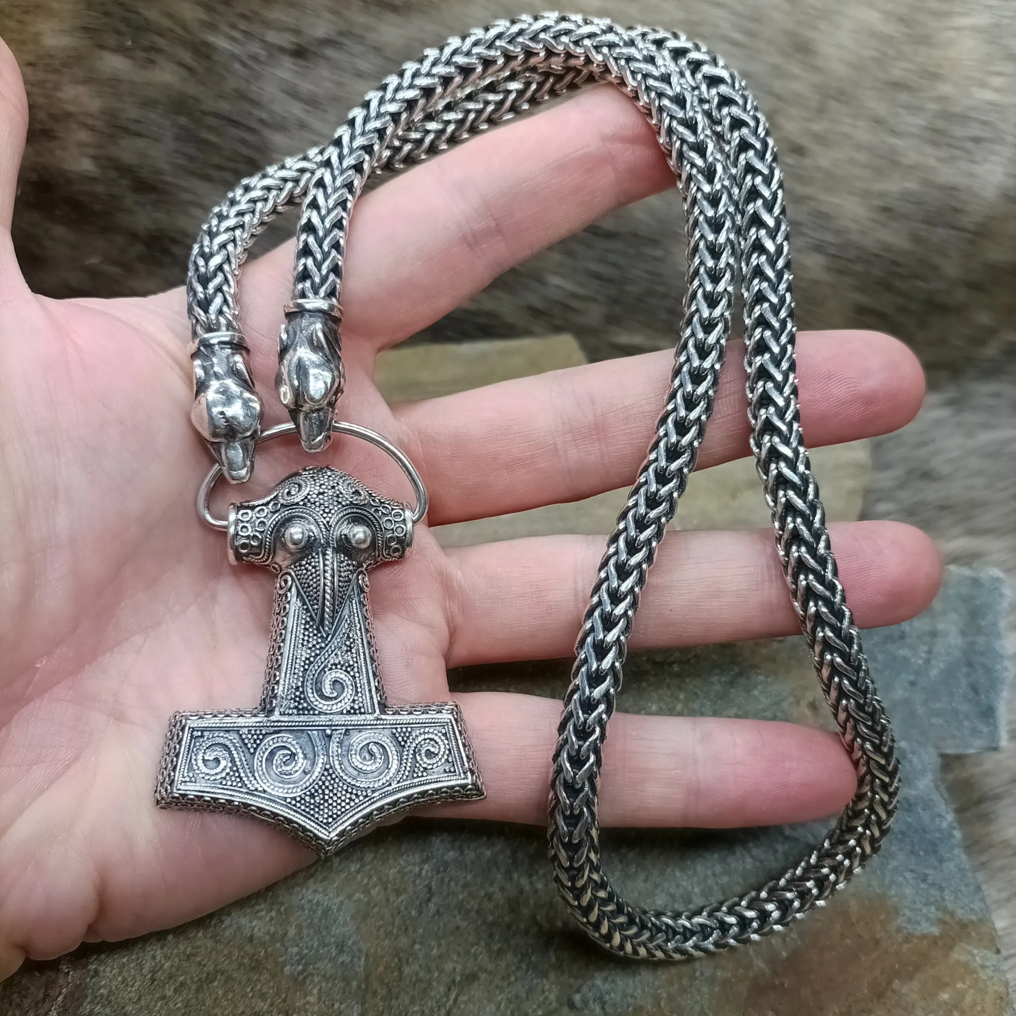 8mm Thick Silver Snake Chain Thors Hammer Necklace - Ferocious Wolf Heads