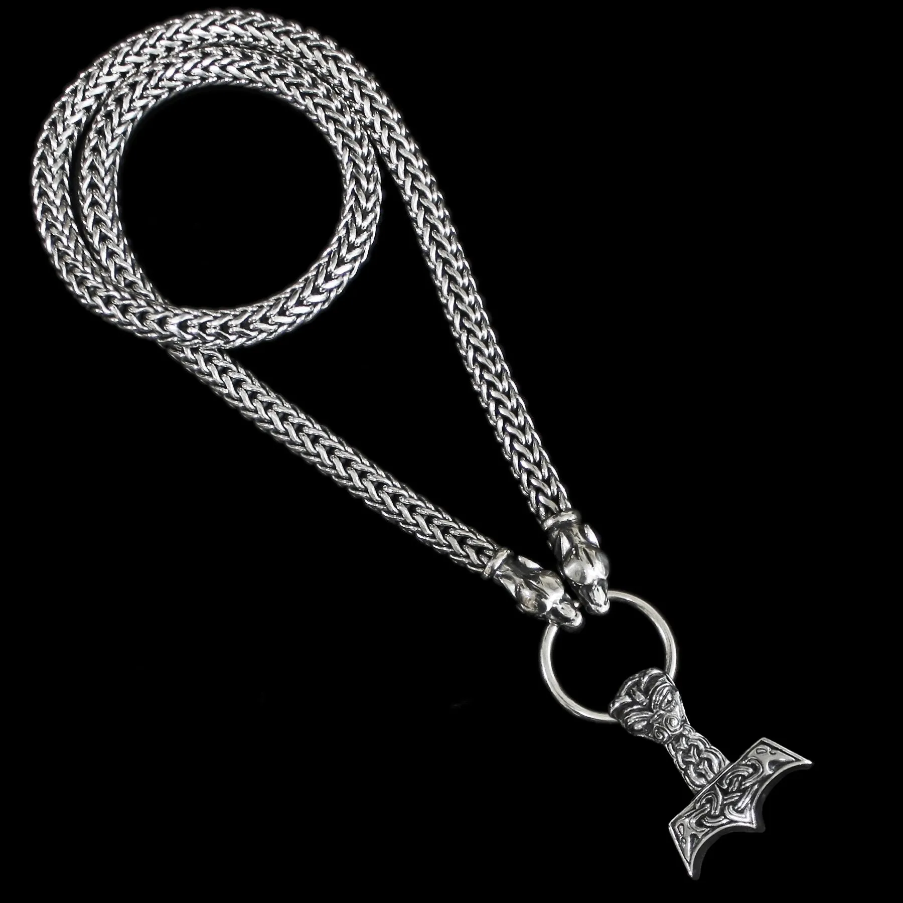 8mm Thick Silver Snake Chain Thors Hammer Necklace - Ferocious Wolf Heads