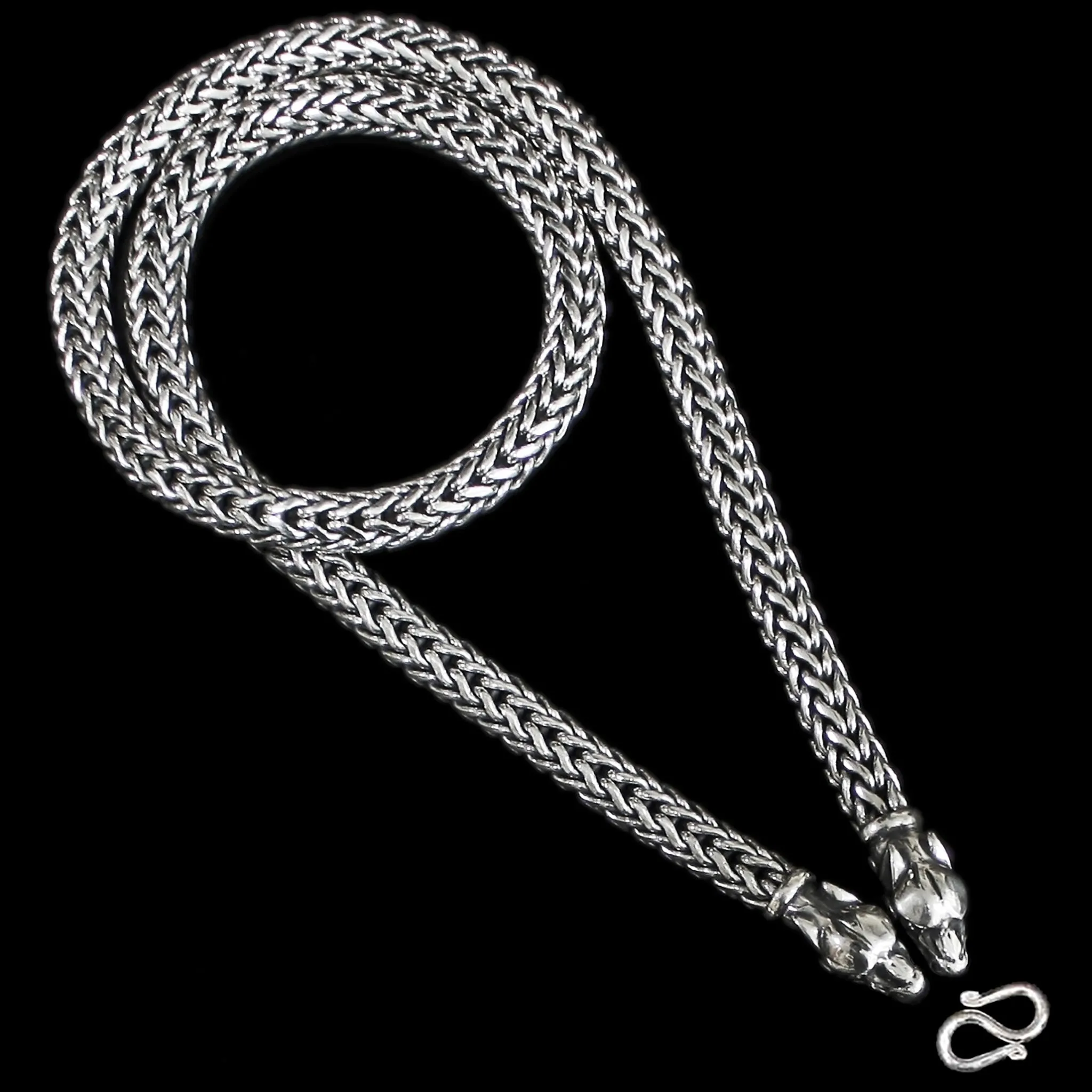 8mm Thick Silver Snake Chain Thors Hammer Necklace - Ferocious Wolf Heads