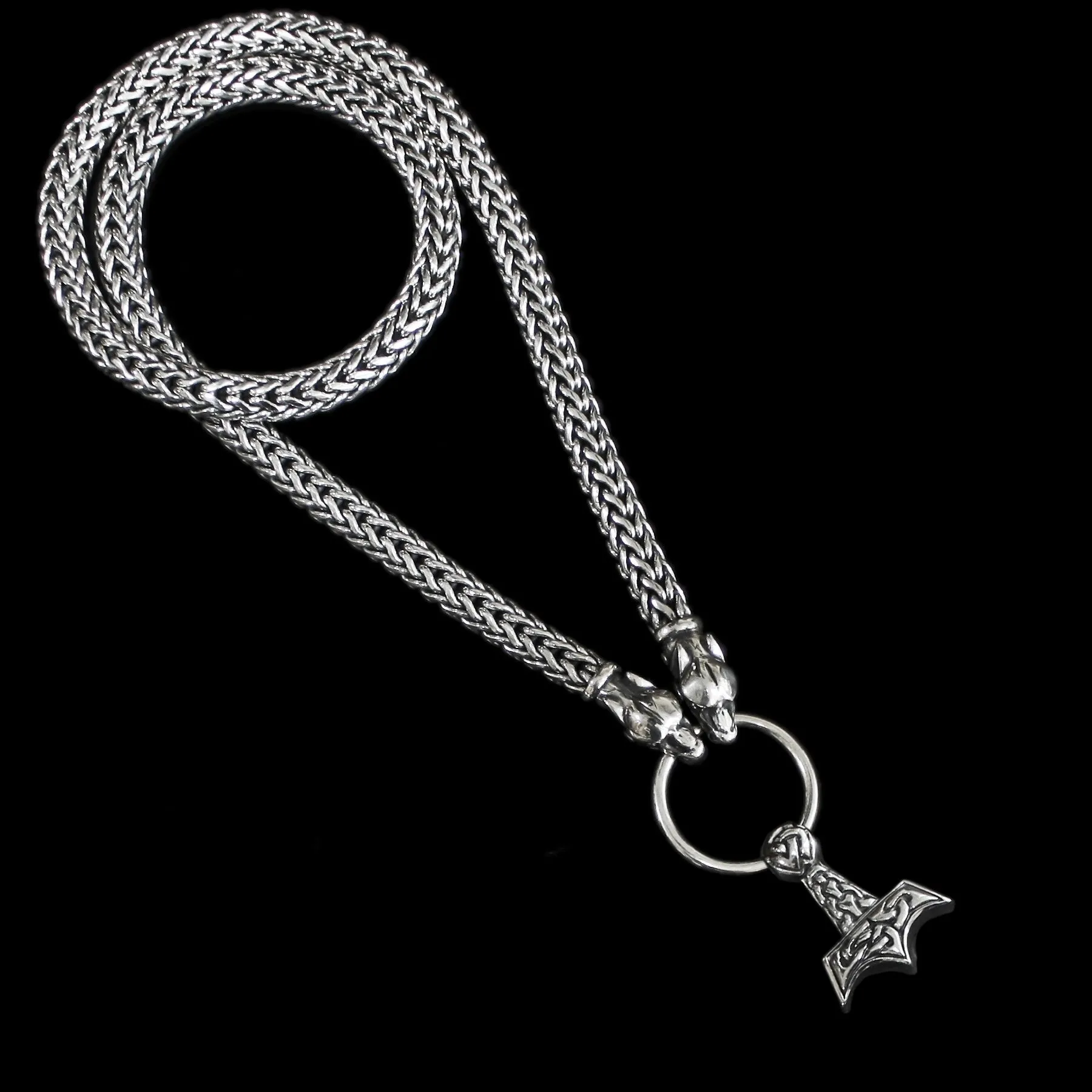 8mm Thick Silver Snake Chain Thors Hammer Necklace - Ferocious Wolf Heads