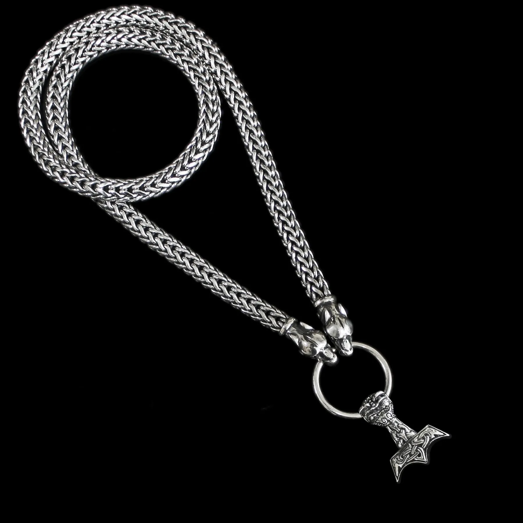 8mm Thick Silver Snake Chain Thors Hammer Necklace - Ferocious Wolf Heads