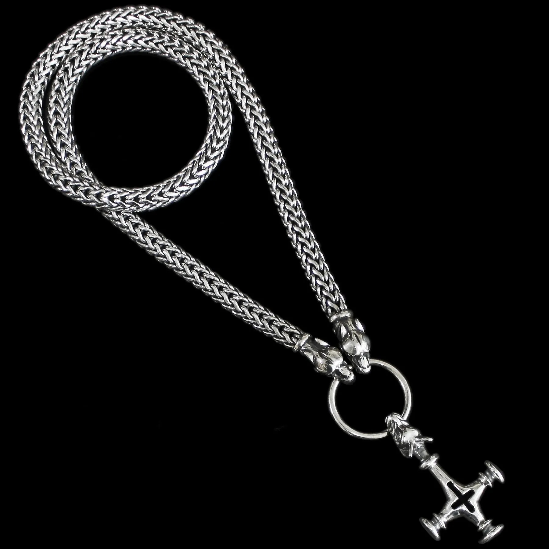 8mm Thick Silver Snake Chain Thors Hammer Necklace - Ferocious Wolf Heads