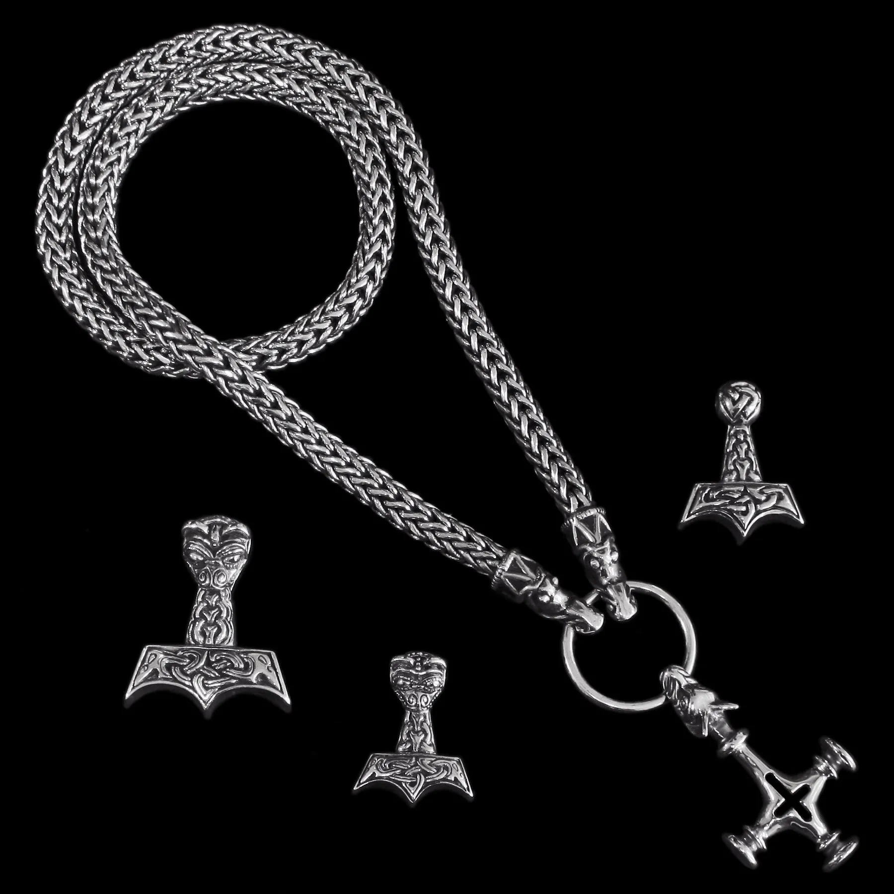 8mm Thick Silver Snake Chain Thors Hammer Necklace - Gotland Dragon Heads