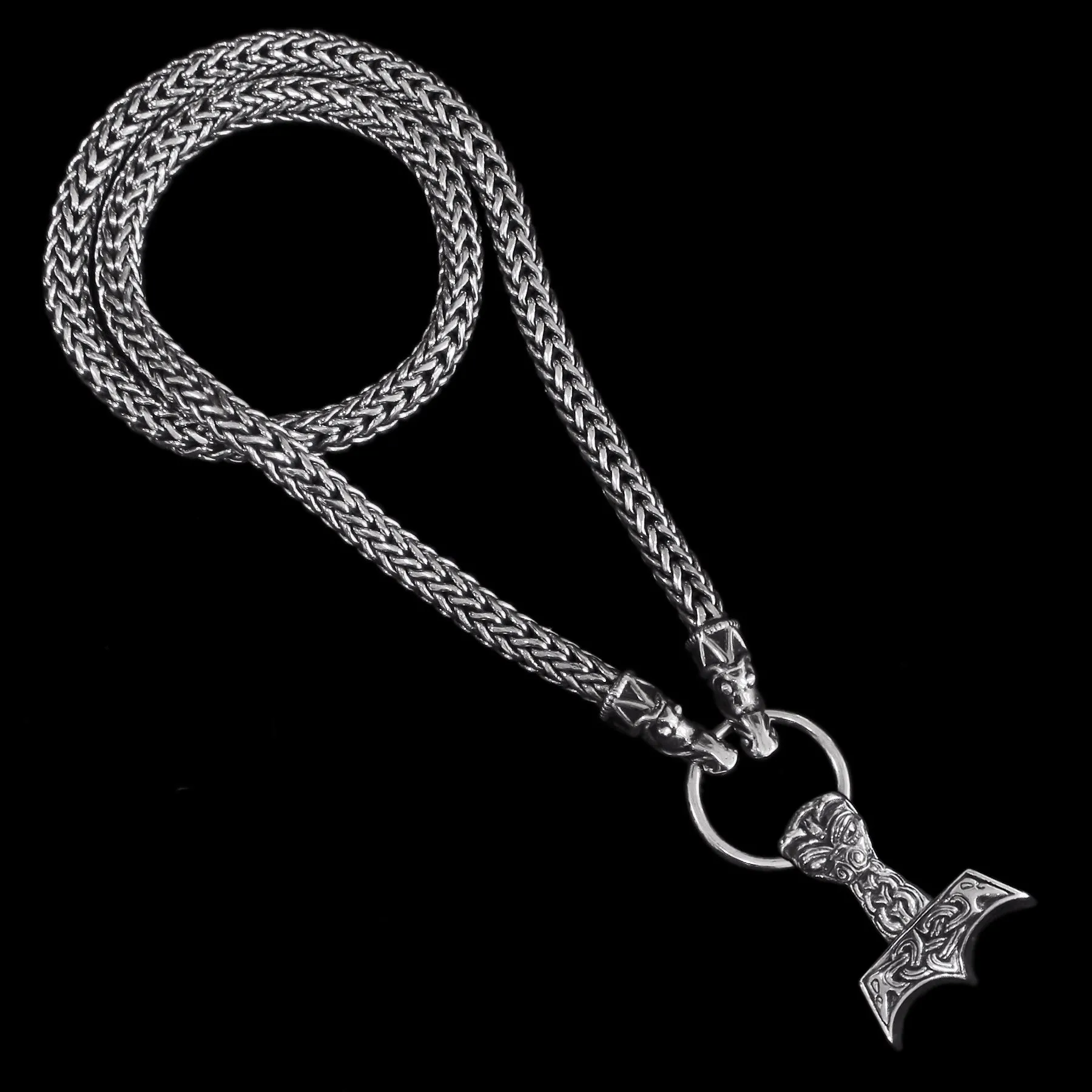 8mm Thick Silver Snake Chain Thors Hammer Necklace - Gotland Dragon Heads