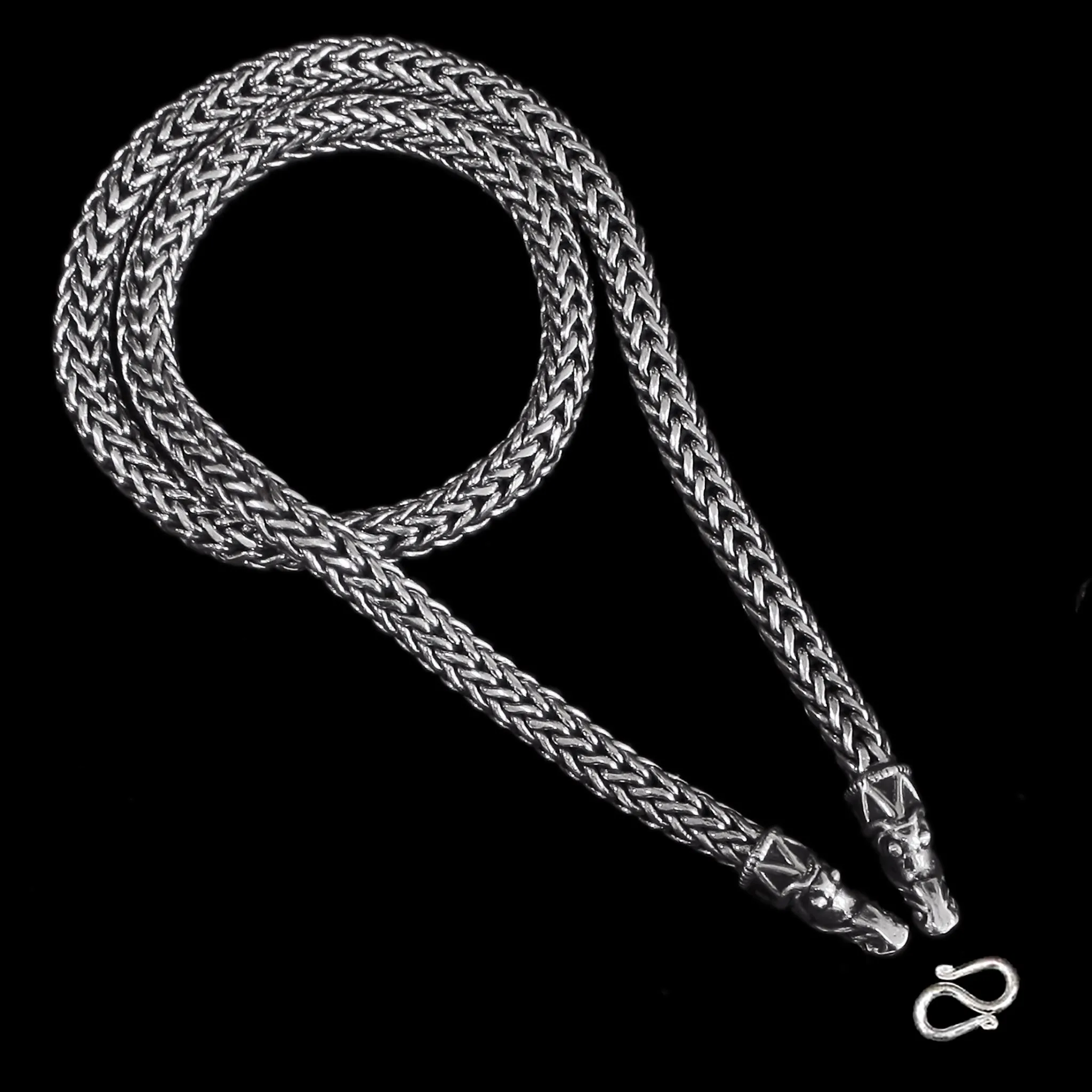 8mm Thick Silver Snake Chain Thors Hammer Necklace - Gotland Dragon Heads