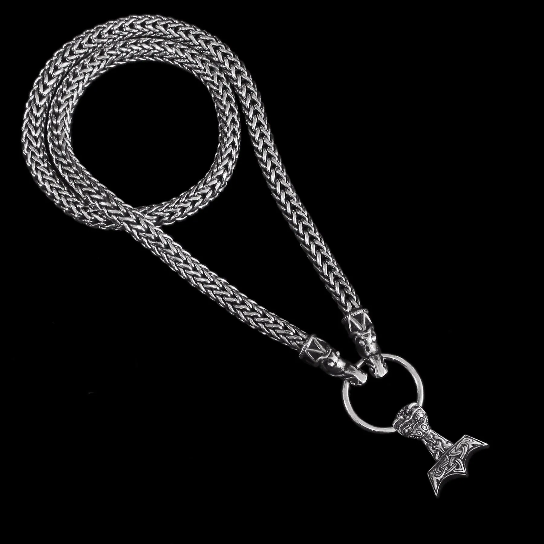 8mm Thick Silver Snake Chain Thors Hammer Necklace - Gotland Dragon Heads