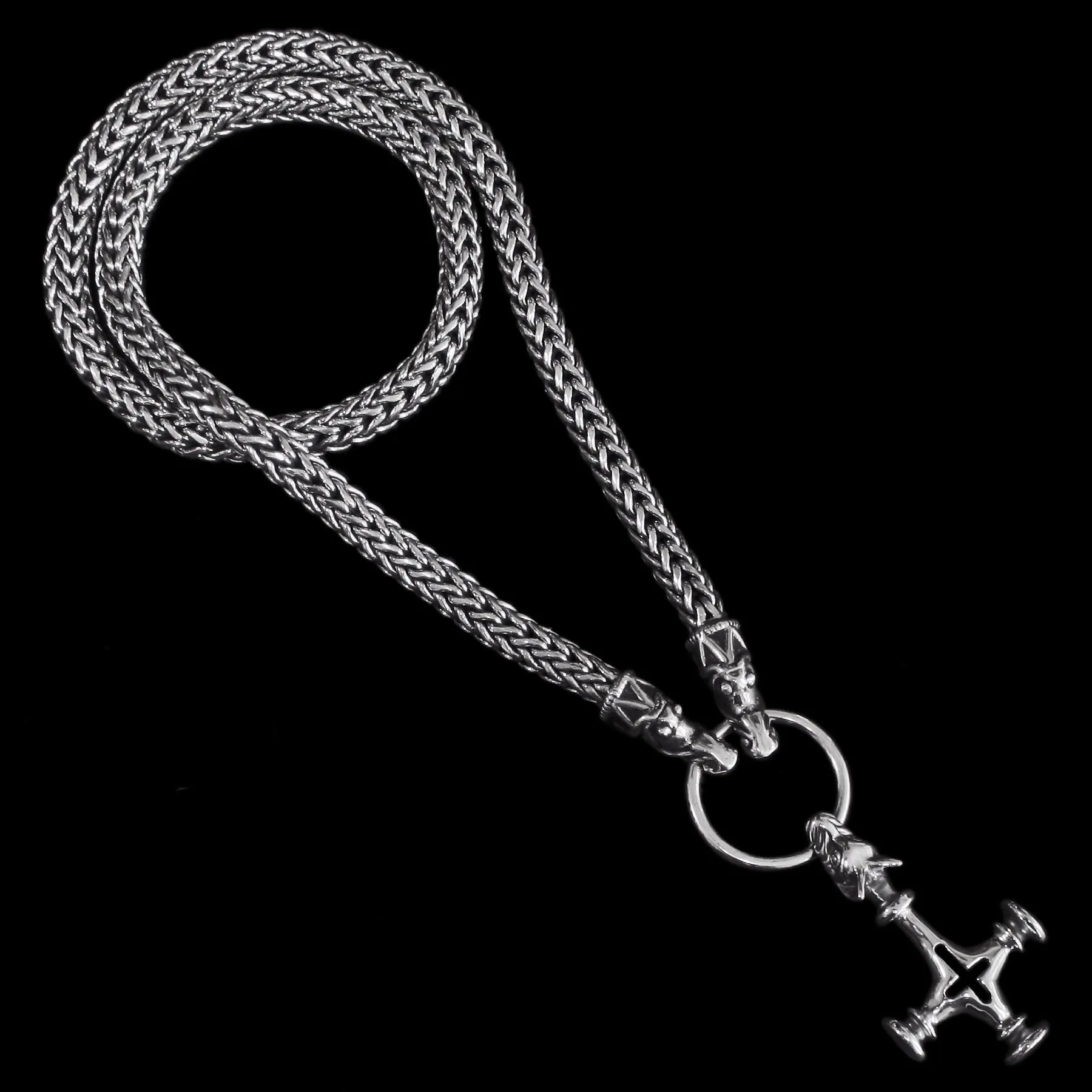 8mm Thick Silver Snake Chain Thors Hammer Necklace - Gotland Dragon Heads