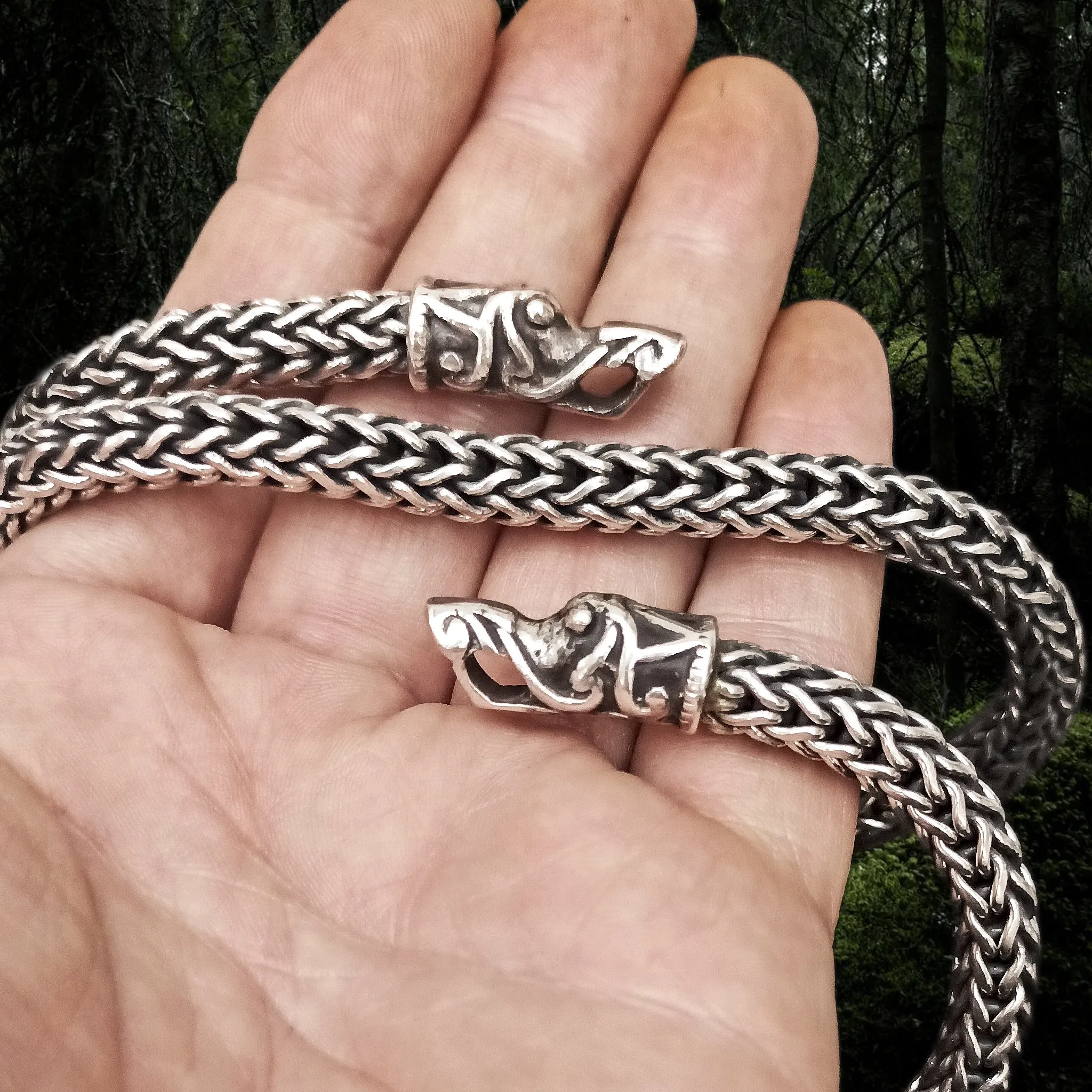 8mm Thick Silver Snake Chain Thors Hammer Necklace - Gotland Dragon Heads