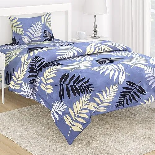 AC Comforter and Bedding Set for Single Bed, Frost Blue Pinnate Leaves