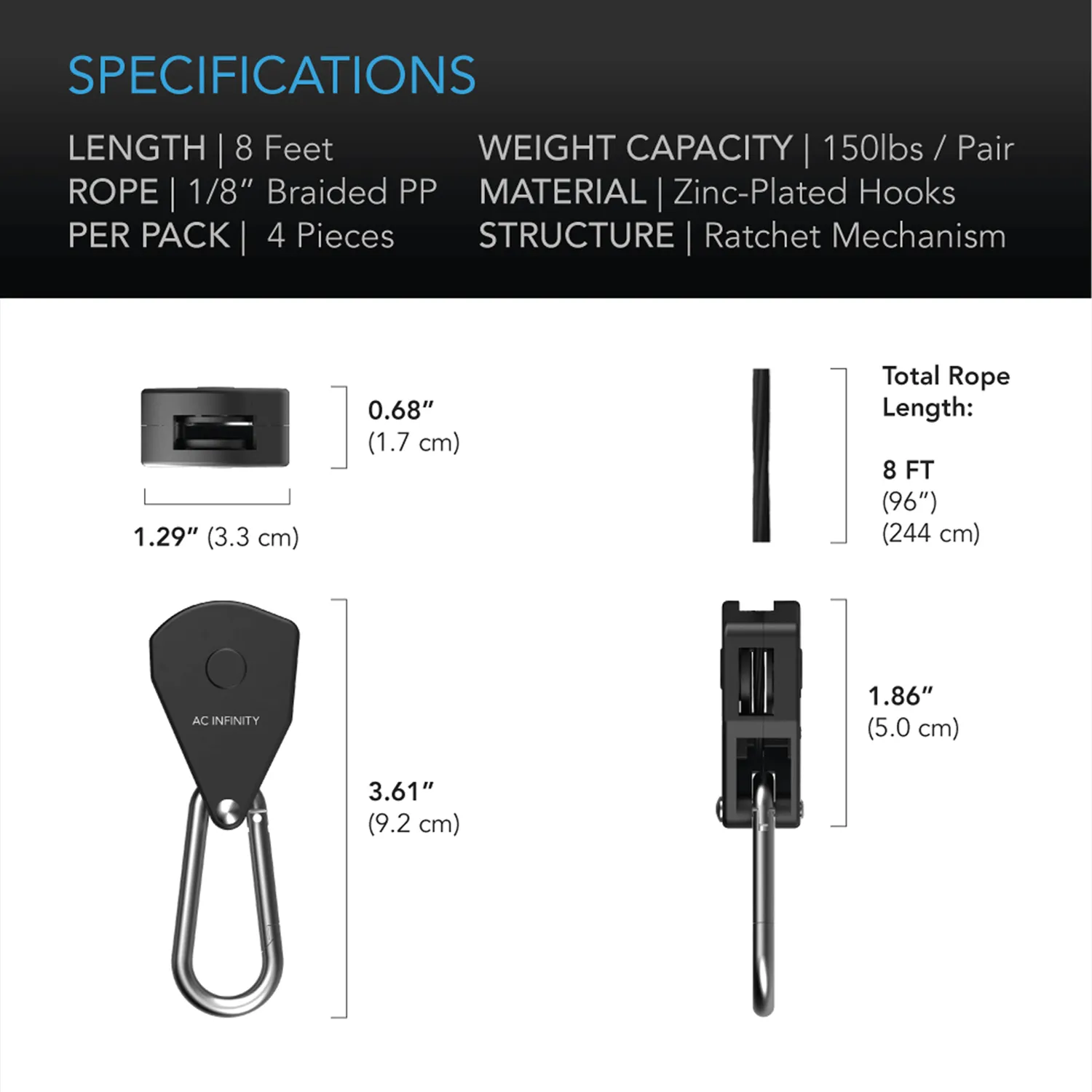 AC Infinity Heavy-Duty Adjustable Rope Clip Hanger, Two Pairs