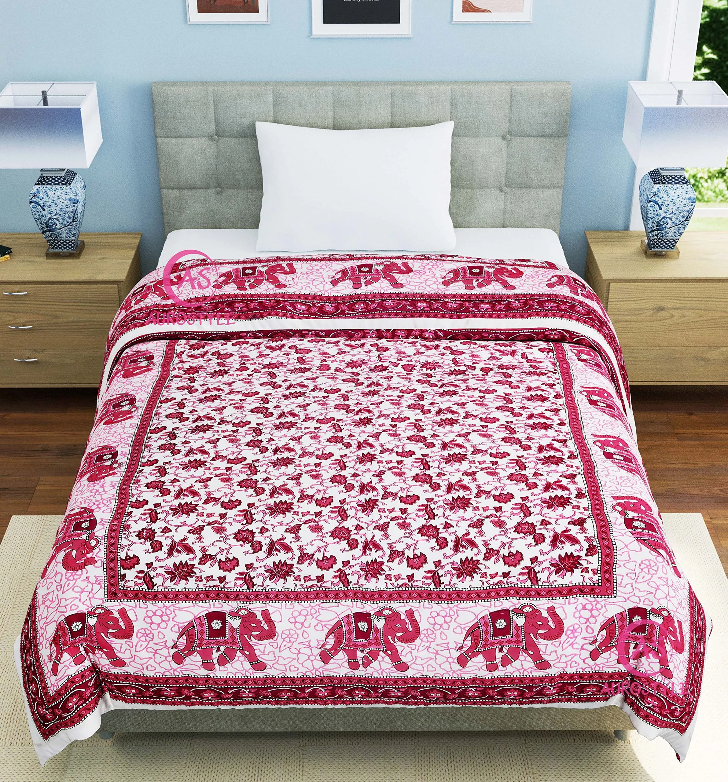 AUROSTYLE 400 TC Pure Cotton Light Weight Traditional Jaipuri Design Printed Single Bed Quilt/Razai/Rajai (Design 15)