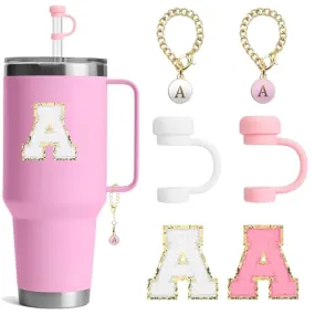 BABORUI 6Pcs Cup Accessories for Yeti Tumbler Straw Cover Cap for Yeti Water Bottles, Initial Charm, Letter Cup Stickers for Yeti(X)