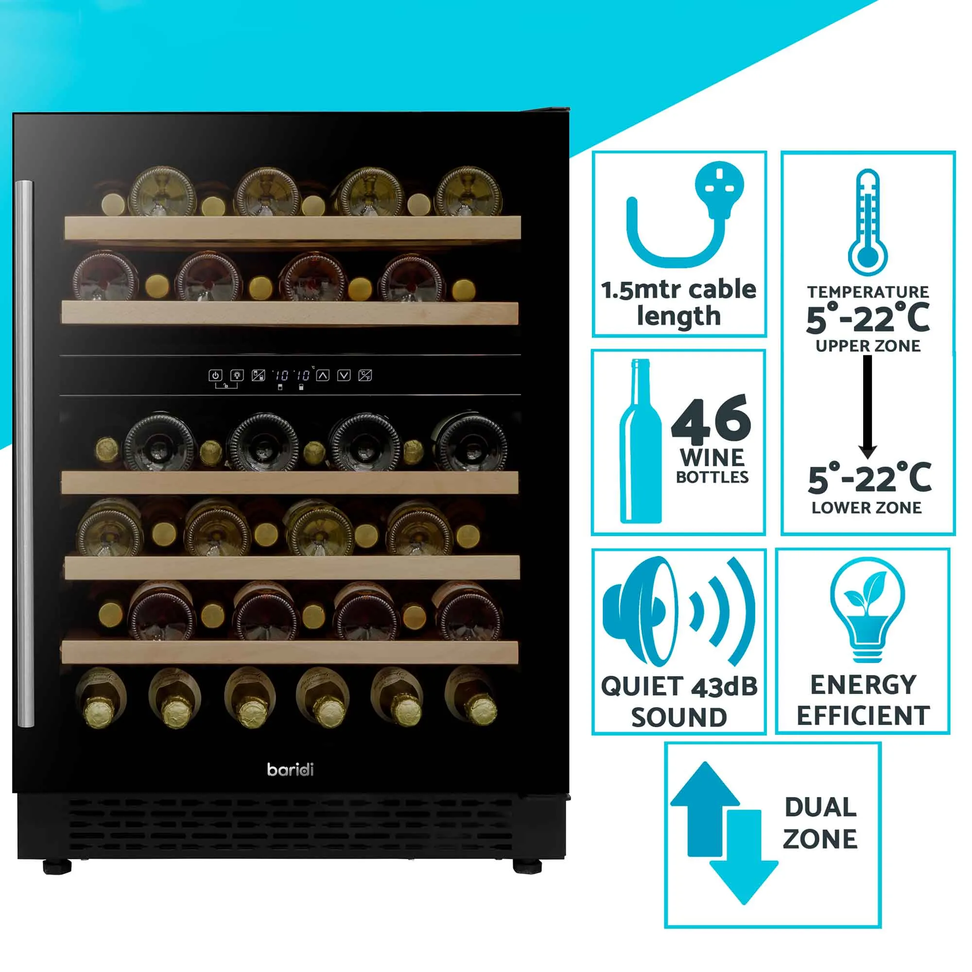 Baridi 46 Bottle Dual Zone Wine Cellar Fridge with Digital Touch Screen Controls, Black - DH79