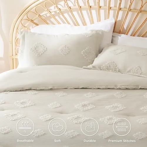 Bedsure Twin/Twin XL Comforter Set White, Boho Bedding Comforter Set, Tufted Farmhouse Bed Set, 2 Pieces, 1 Shabby Chic Fluffy Comforter and 1 Pillow Sham，with Jacquard Diamond Pattern