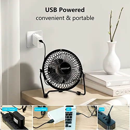 BEESTAR 4 Inch Mini Fan with Metal Construction,Powerful USB Powered,360° Rotation desk Personal Cooling Usb fans small quiet for Home Office Bedroom