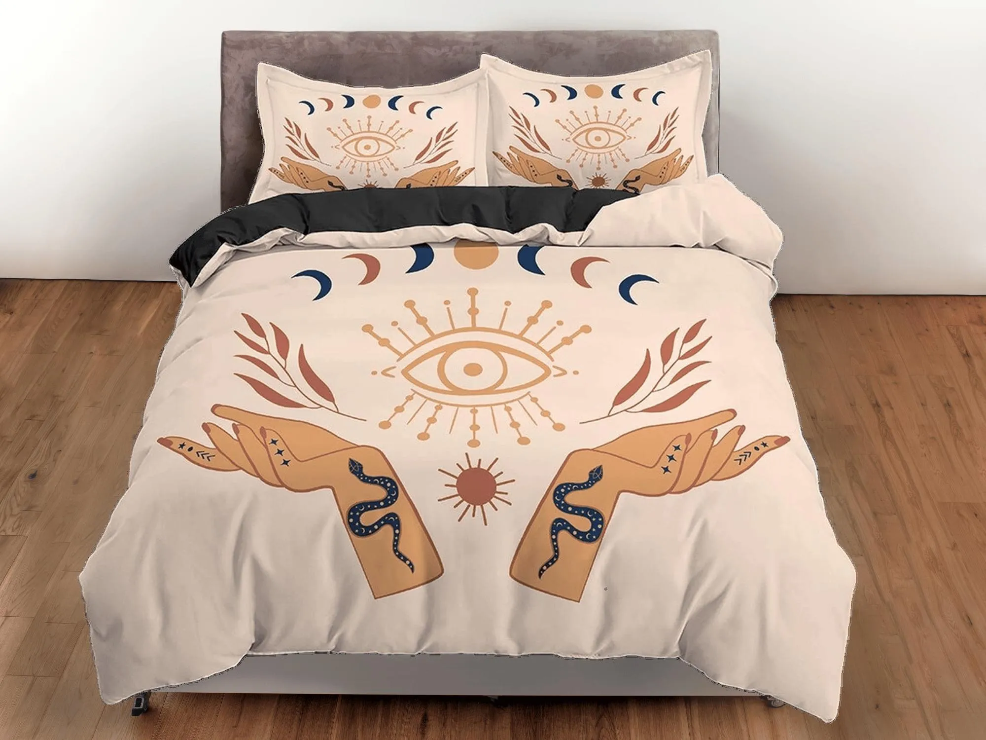 Beige Boho Bedding with Wiccan Design, Witchy Duvet Cover Set, Dorm Bedding, Tarot Psychic Aesthetic Duvet Cover King Queen Full Twin Single