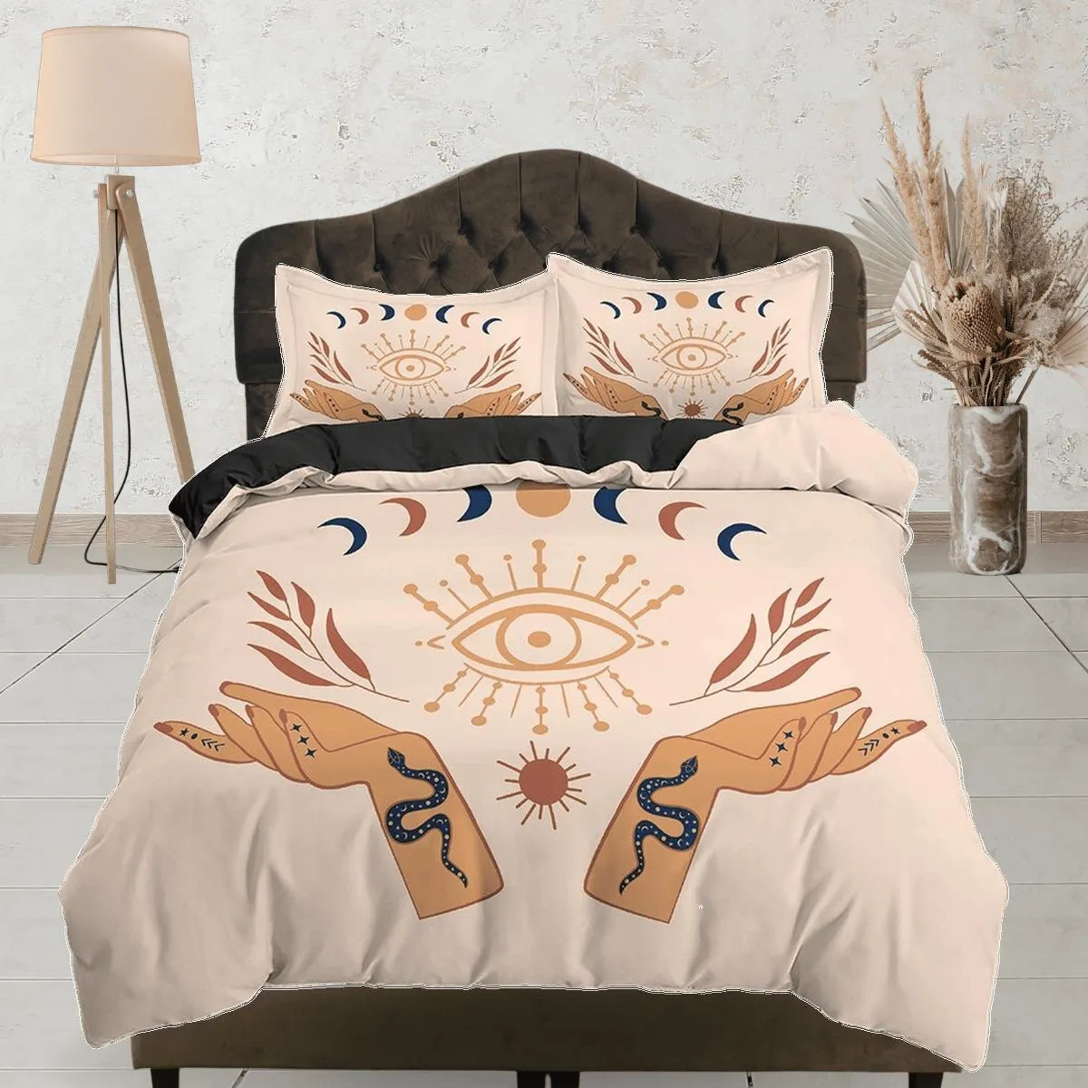 Beige Boho Bedding with Wiccan Design, Witchy Duvet Cover Set, Dorm Bedding, Tarot Psychic Aesthetic Duvet Cover King Queen Full Twin Single