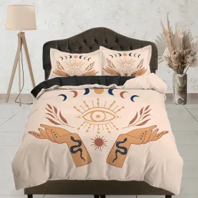 Beige Boho Bedding with Wiccan Design, Witchy Duvet Cover Set, Dorm Bedding, Tarot Psychic Aesthetic Duvet Cover King Queen Full Twin Single