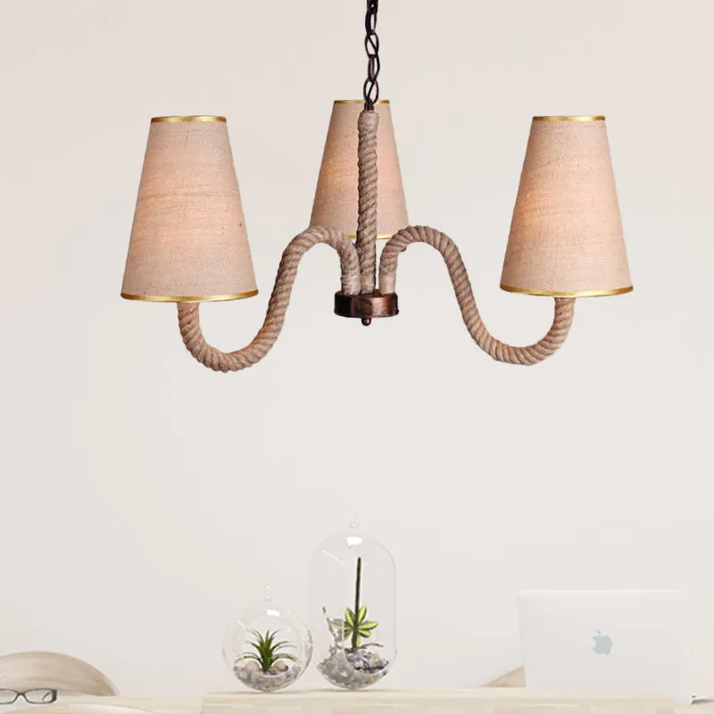 Beige Ceiling Chandelier with Antiqued Rope Design and Fabric Shade