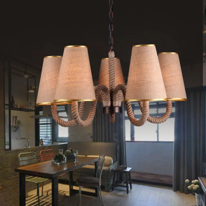 Beige Ceiling Chandelier with Antiqued Rope Design and Fabric Shade