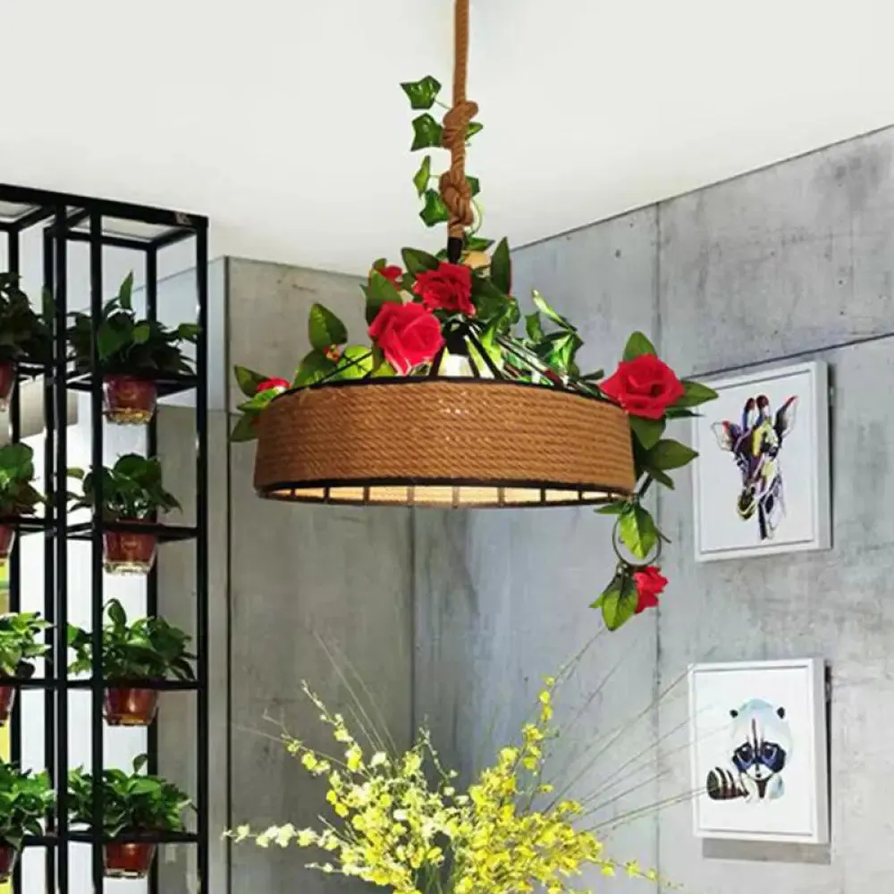 Black Round Cage Pendant Light Fixture with Hemp Rope Flower Design - Available in 12"/16"/19.5" Width