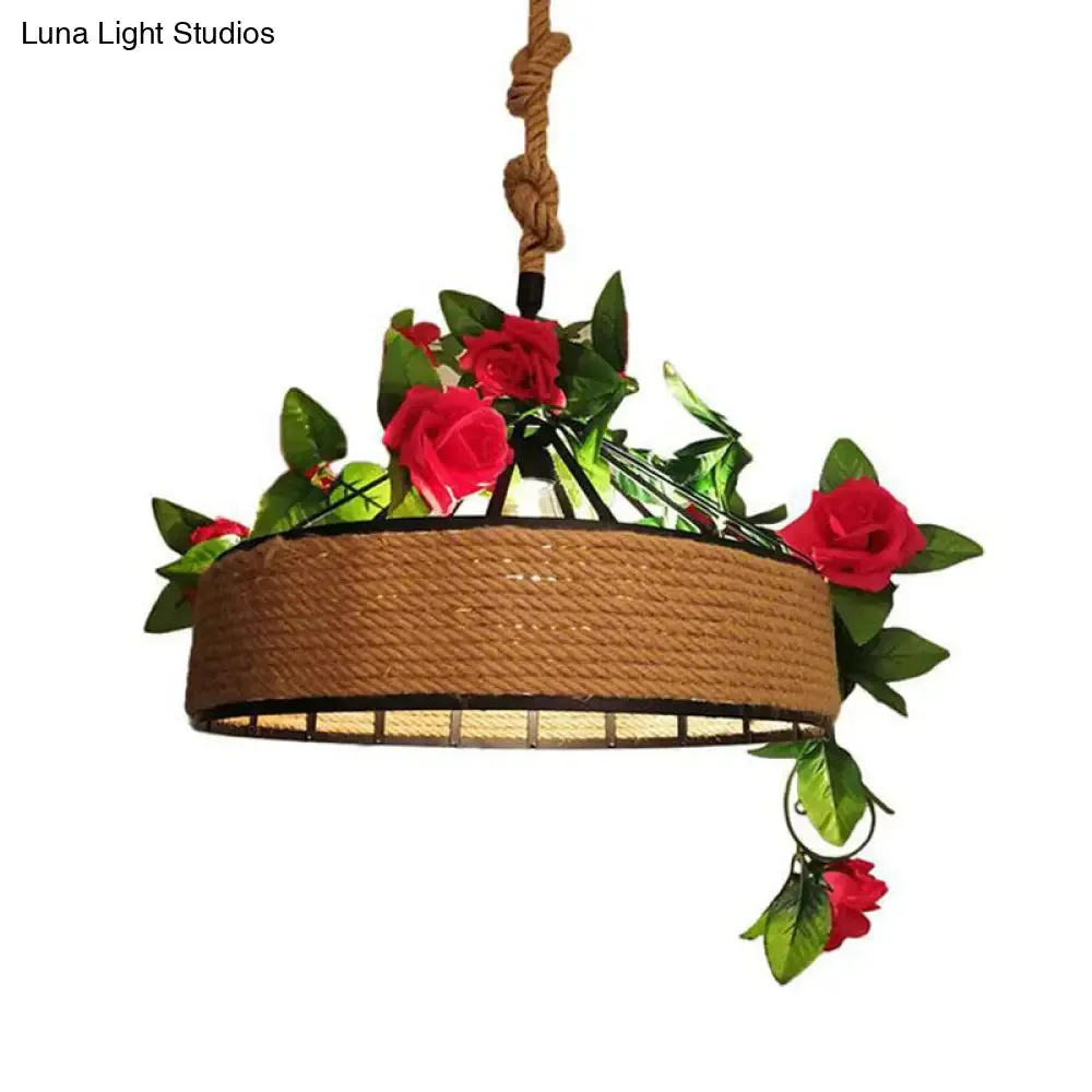 Black Round Cage Pendant Light Fixture with Hemp Rope Flower Design - Available in 12"/16"/19.5" Width