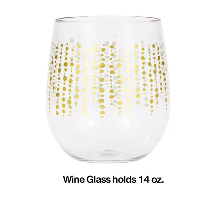 Bulk Glittering Gold Dots 14 oz Plastic Stemless Wine Glasses by Elise (6 per Case)