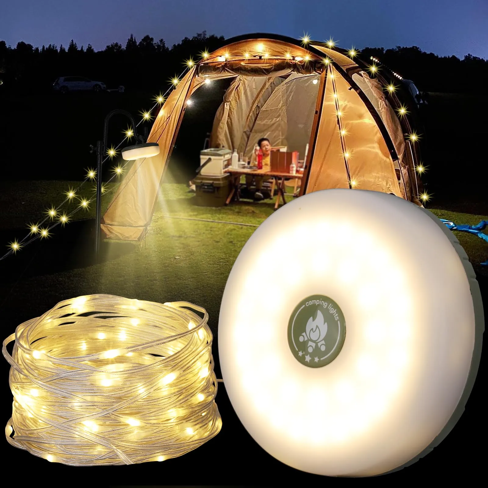 Camping String Lights, Outdoor String Lights with 8 Lighting Modes, Rechargeable String Light Camping 2 in 1, Waterproof Portable Stowable USB Camping Lights for Camping, Yard, Party Decor 32.8 ft