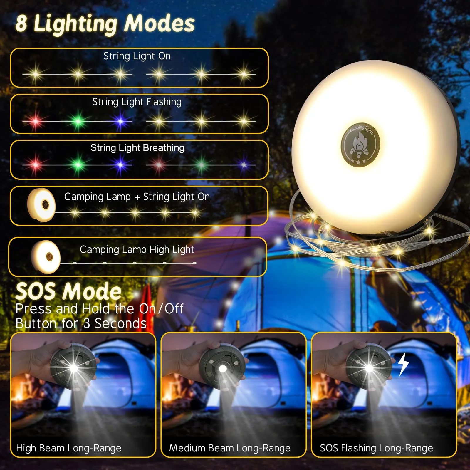 Camping String Lights, Outdoor String Lights with 8 Lighting Modes, Rechargeable String Light Camping 2 in 1, Waterproof Portable Stowable USB Camping Lights for Camping, Yard, Party Decor 32.8 ft