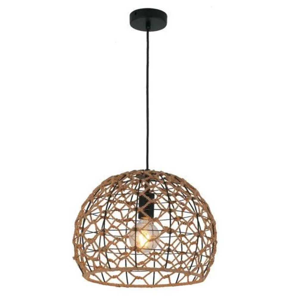 Canamo Dome Pendant Light in Natural Hemp Rope and Black Hardware