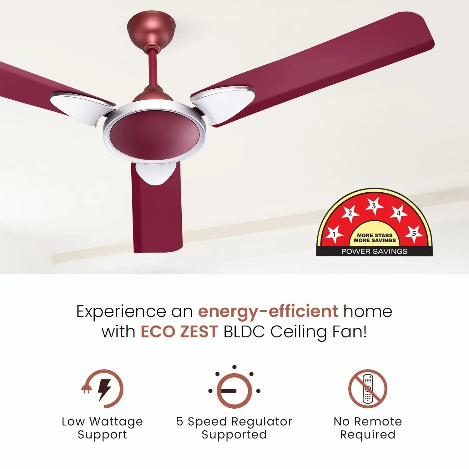 Candes Eco Zest BLDC Ceiling Fan 1200mm / 48 inch | BEE 5 Star Rated, Upto 65% Energy Saving, High Air Delivery & High Speed Ceiling Fans for Home | 2 1 Years Warranty | Maroon