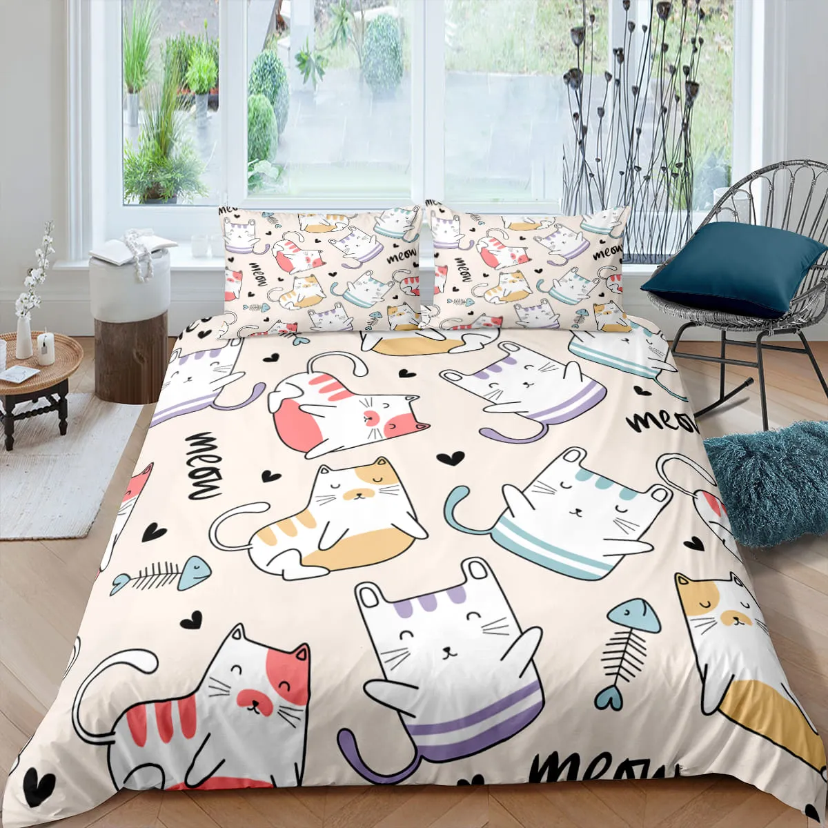 Cartoon Kitty Cat Fish Plying Bedding Sets