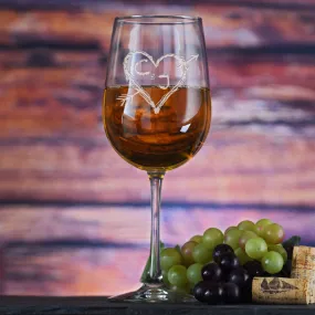 Carved Initials in Heart With Arrow, Lovers Tree Design Wine Glass