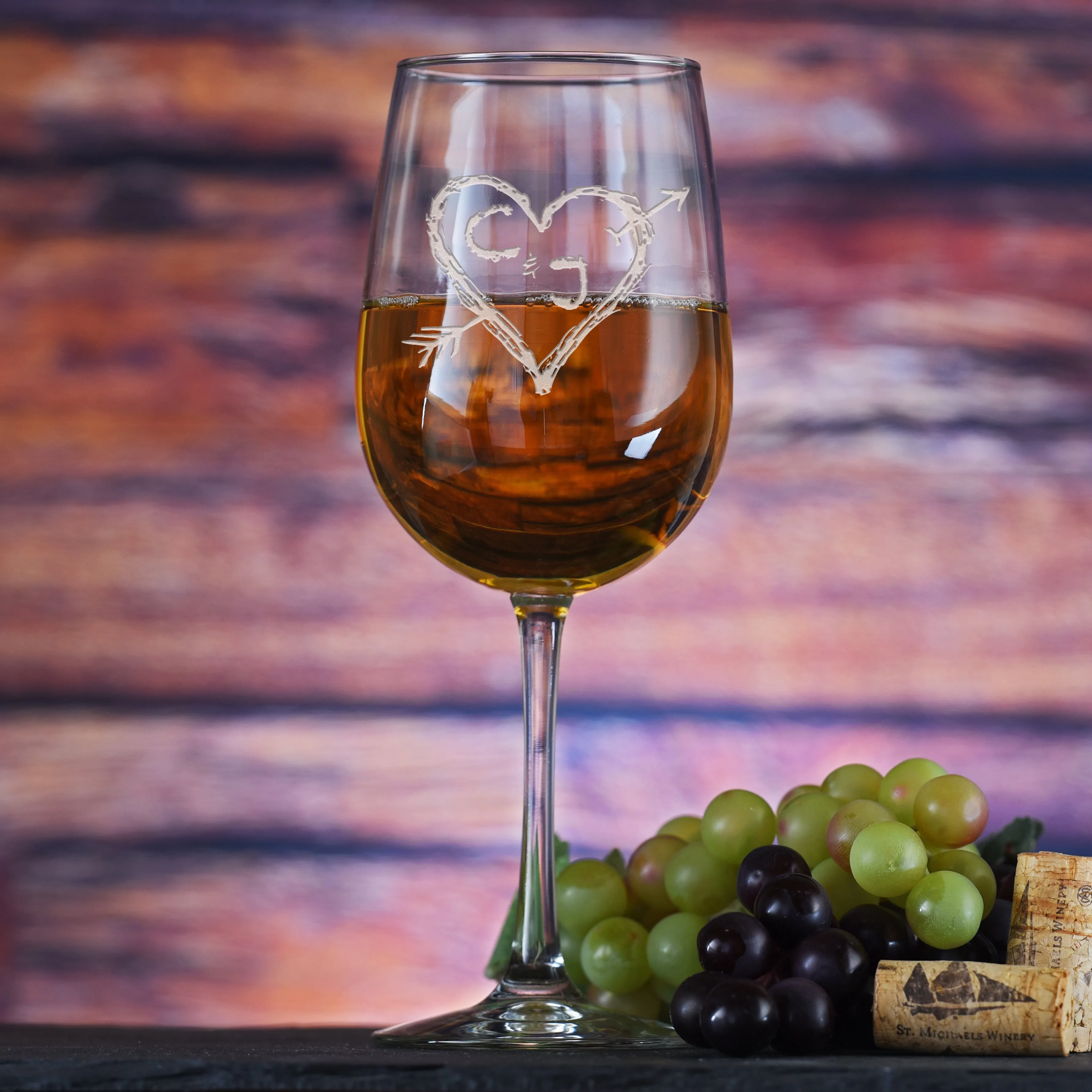 Carved Initials in Heart With Arrow, Lovers Tree Design Wine Glass