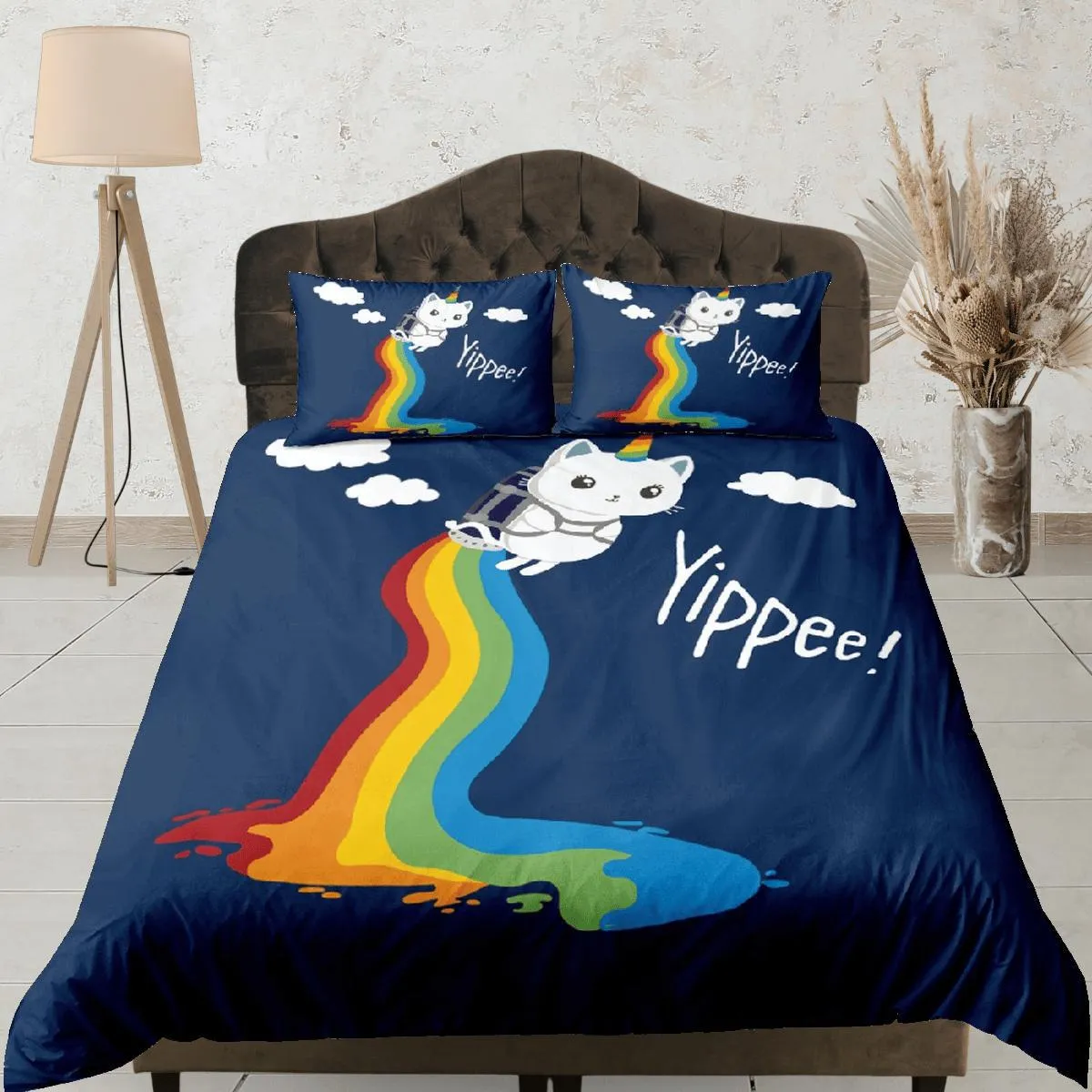 Cat Lover Duvet Cover Bedspread, Cute Cat in Rainbow Bedding for Teens Kids Bedroom