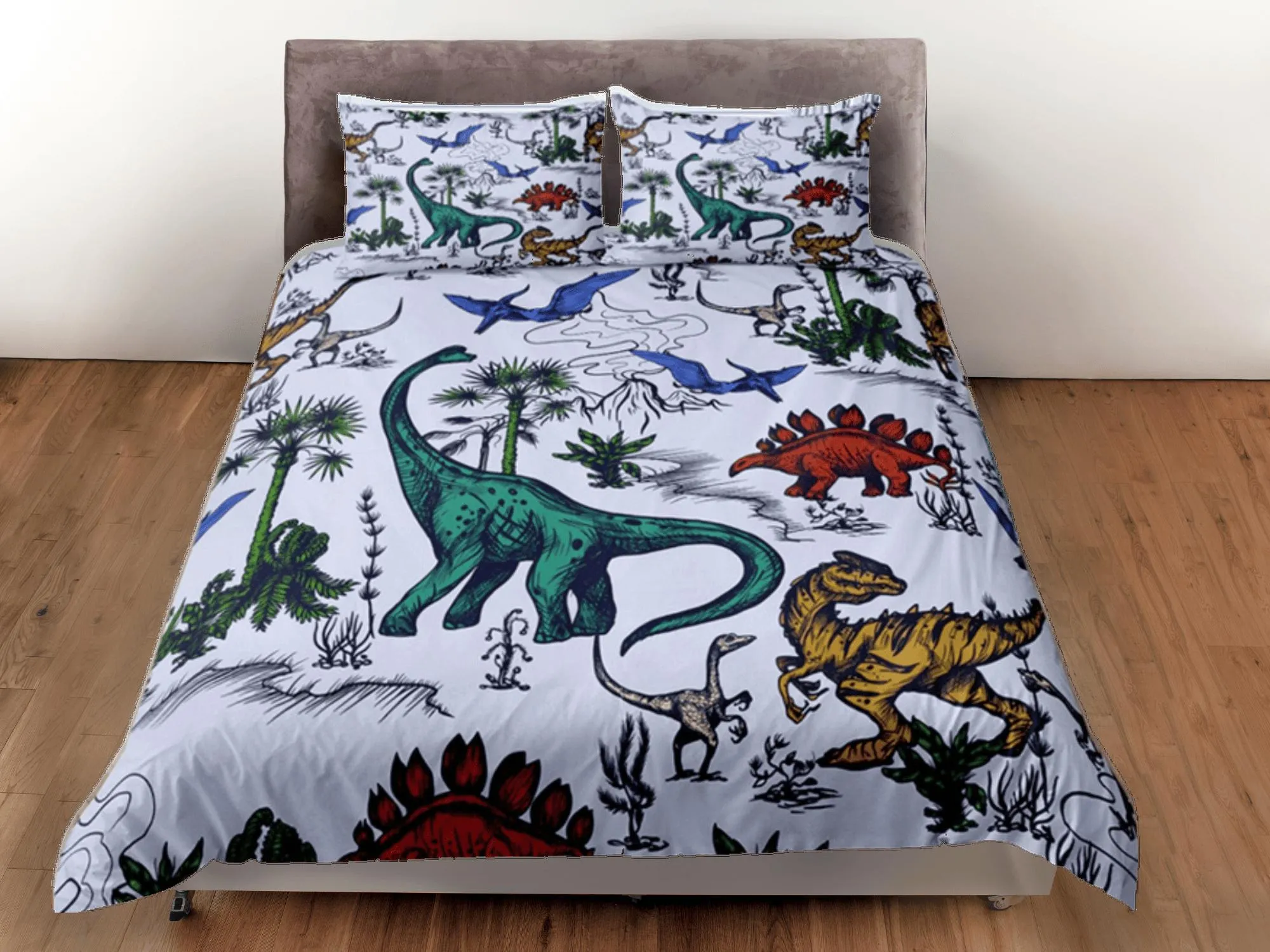 Colorful Dinosaurs Duvet Cover Set Cute Bedspread, Dorm Bedding with Pillowcase